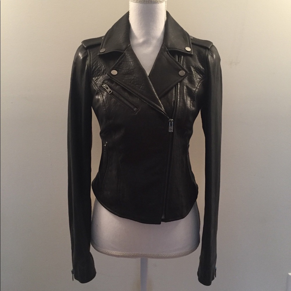Black Rivet Asymmetrical Leather Cycle Jacket w/Notch Collar, Black, XS